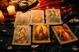 un pila de tarot tarjetas dispersado a través de un mesa cima. esotérico antecedentes. fortuna narración, tarot predicciones generativo ai foto