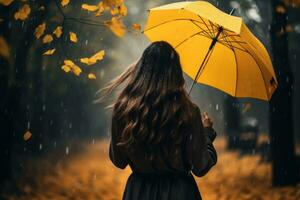 Back view of charming woman with yellow umbrella on autumn rainy day. Generative AI photo