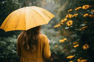 Back view of charming woman with yellow umbrella on autumn rainy day. Generative AI photo