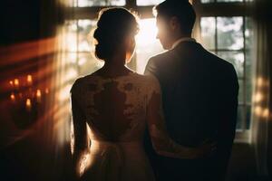 Back view of a couple on their wedding. Bride and groom in window light. Wedding day ceremony. Generative AI photo