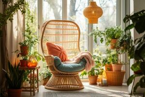 Blanket and pillows on rattan armchair next to plants. Boho and cozy interior of living room. Generative AI photo