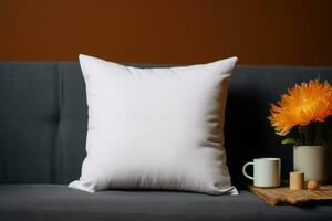 Blank white square cotton pillow, mockup. Generative AI photo
