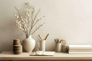 Home office desk in a neutral color palette. A vase, a stack of journals. Simple composition. Generative AI photo