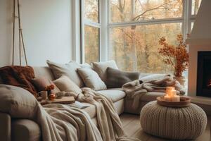 acogedor vivo habitación con lanzar mantas y cojines, sencillo composición. generativo ai foto