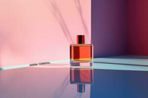 A bottle of perfume on a colorful background with hard shadow and water reflection. Minimalism style. AI generated photo