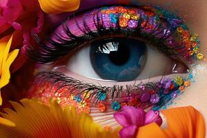 High fashion eye makeup with flowers. Beautiful holiday makeup close up. Generative AI photo