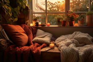 Cozy corner with plush cushions, blankets and autumn accents. AI generated photo