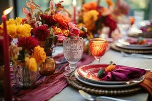 Boho Chic table setting. Decoration table covered with a tablecloth with dishes, flowers, candles. AI generated photo