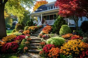 Front yard with plants in fall. Stylish house decorated for autumn holidays season, colorful bushes on a foreground. AI generated photo