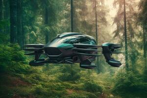 Futuristic drone flies into the forest among the trees. Generative AI photo