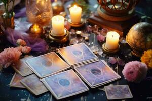 un pila de tarot tarjetas dispersado a través de un mesa arriba, ardiente velas, bruja magia elementos en pastel colores. fortuna narración, tarot predicciones generativo ai foto