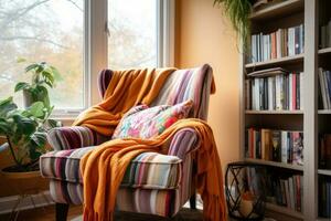 A reading nook within a home office, complete with an armchair, blanket and a bookshelves. Warm autumn colors. Generative AI photo