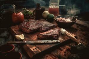 Bbq steak with sauce, meat and barbecue tools, in the style of intense atmosphere. Generative AI photo