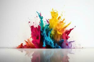 Colorful rainbow holi paint color powder explosion on white background. Generative AI photo