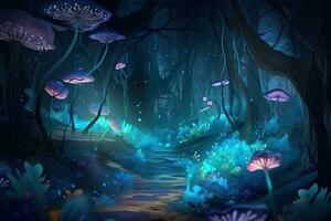 Magical forest at night. Bioluminescent fungi and glowing flowers. Generative AI photo