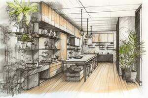 Detail focused hand drawn sketch of the interior of a sleek modern home. Generative AI photo