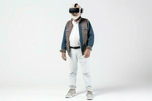 Old man using virtual reality headset. VR gadgets, , education online or game concept. Generative AI photo