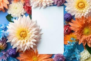 Colorful flowers background with white sheet of paper. Frame in flowers. Mockup. Generative AI photo