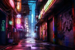 City alleyway with neon lights. Night view of a quiet street. Generative AI photo