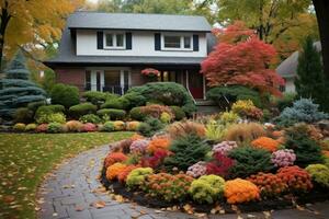Front yard with plants in fall. Stylish house decorated for autumn holidays season, colorful bushes on a foreground. AI generated photo