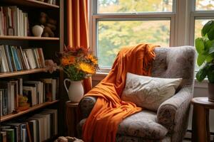 A reading nook complete with an armchair, blanket and a bookshelves. Generative AI photo