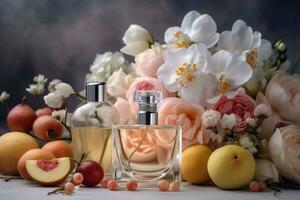 perfume botellas, flores y frutas en ligero antecedentes. generativo ai foto