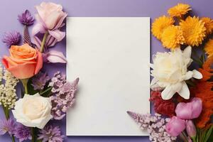 vistoso flores antecedentes con blanco sábana de papel. marco en flores Bosquejo. generativo ai foto