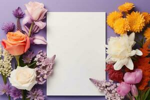 Colorful flowers background with white sheet of paper. Frame in flowers. Mockup. Generative AI photo