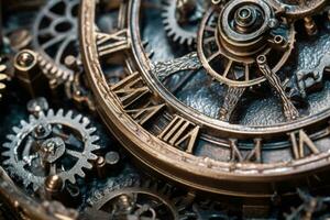 Gears and cogs mechanism. Clockwork of a watch with jewels Industrial machinery. Generative AI photo