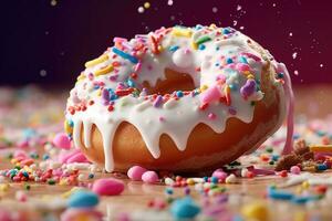 Close up of a doughnut sprinkled with frosting and colorful candy bits. Generative AI photo