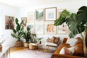 Frames in home interior. Room in boho style with natural wooden furniture and plants. Generative AI photo