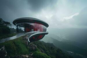 futurista viga voladiza circular arco conformado casa en el montañas. acero fluido geometría generativo ai foto