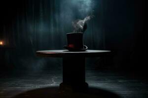 Magic show. Top hat on a table. Dark and mysterious atmosphere. Generative AI photo