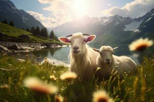 Goat on the flowered meadows. Nature with wild flowers and mountains in the background. Generative AI photo