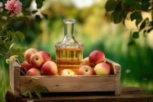 Delicious ripe apples and glass of juice on apple garden background in summer. Generative AI photo