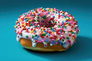 Close up of a doughnut sprinkled with frosting and red blue candy bits. Generative AI photo