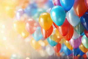 A bunch of colorful balloons with happy celebration party background. AI generated photo