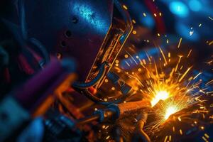 A macro close up of a gas arc welder with sparks of light flying in the air. Generative AI photo