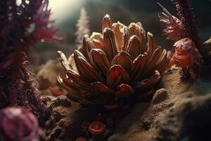 flores en el extraterrestre planeta con agua gotas. soñador fantasía botánico antecedentes. generativo ai foto