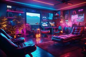 Gaming room. Neon illuminated room with computers. Generative AI photo