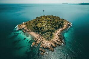 A tropical island in the middle of the ocean. Top view. Green palm trees and beach on the island. Generative AI photo