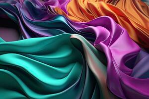 Abstract smooth rainbow silk background. Satin elegant luxury fabric. Beautiful soft folds on the surface of the fabric. Generative AI photo