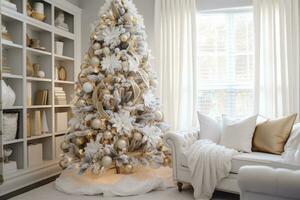 Light living room interior in a simple style with a Christmas tree in golden and white colors. Generative AI photo