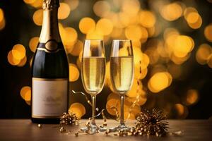 Opened champagne bottle and two champagne glasses with bokeh background. AI generated photo
