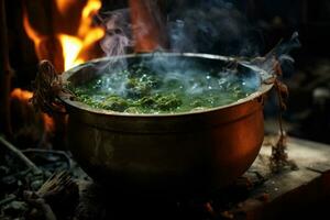 Bubbling cauldron in a dark witchs lair. AI generated photo