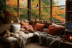 Cozy corner with plush cushions, blankets and autumn accents. AI generated photo