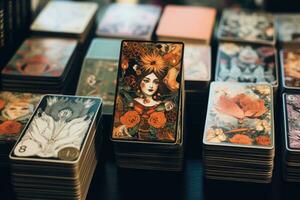 Stacks of different tarot cards with intricate illustrations. Esoteric and occult background. Fortune telling and divination ritual. Mystic concept. Generative AI photo