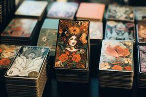 pilas de diferente tarot tarjetas con intrincado ilustraciones. esotérico y oculto antecedentes. fortuna narración y Adivinación ritual. místico concepto. generativo ai foto