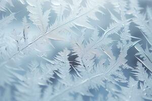 A frost pattern on a windowpane. Ice crystals or cold winter background. Generative AI photo