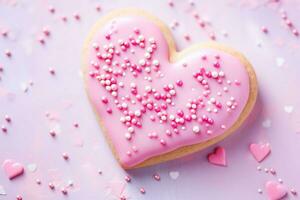 Heart shaped cookie with pink icing and heart sprinkles. Valentine's day treat. Generative AI photo